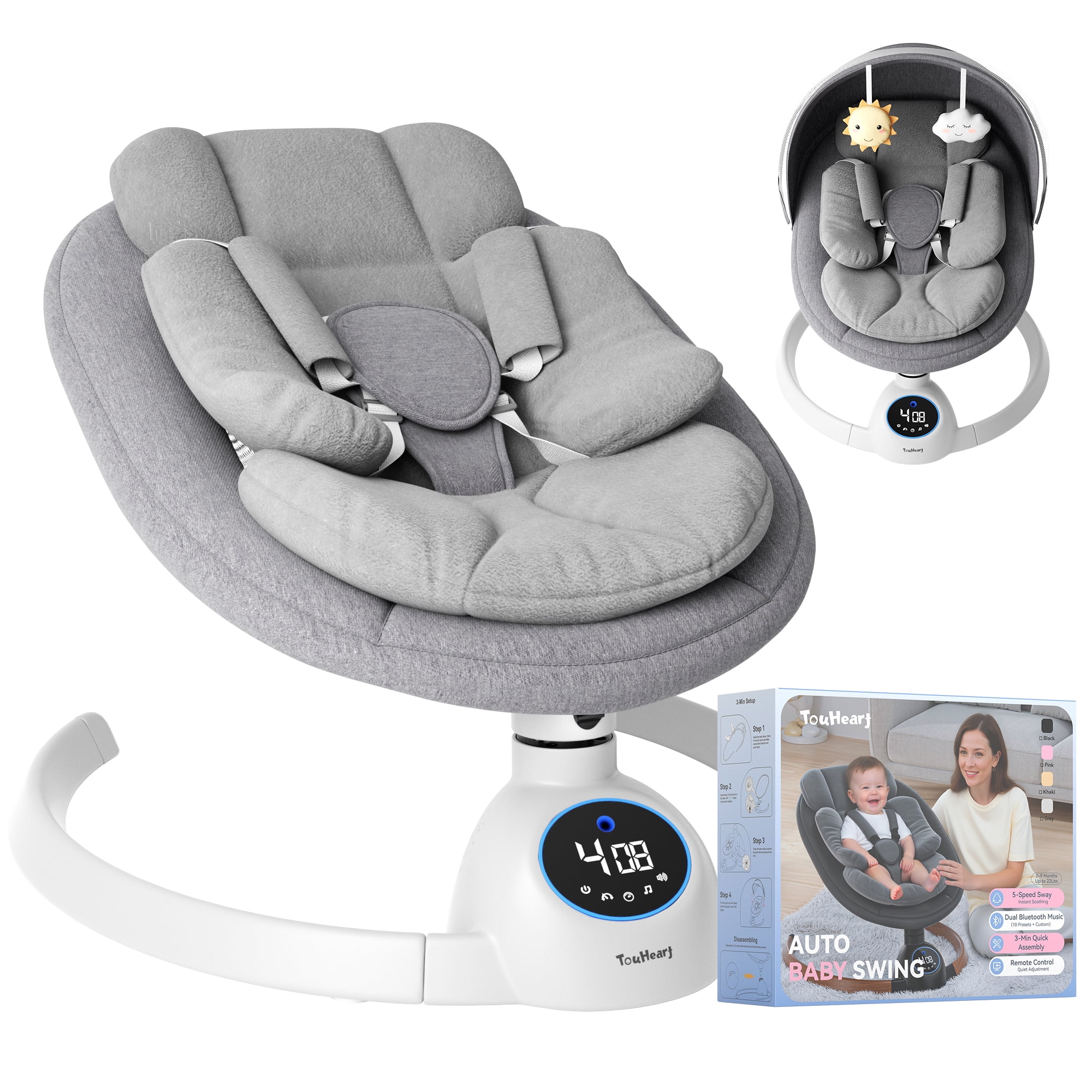 TouHeart Electric Baby Swing, Infant Rocker with Bluetooth & Remote,5 Speeds,10 Lullabies,3 Timing, Gray