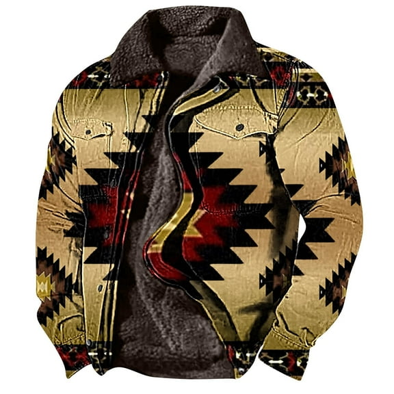 BiZtdJrK Big and Tall Vintage Print Jacket for Men Loose Fit Long Sleeve Zipper Western Jackets Fleece Lined Aztec Ethnic Warm Coat with Pockets Prime Sales Clearance Brown XL