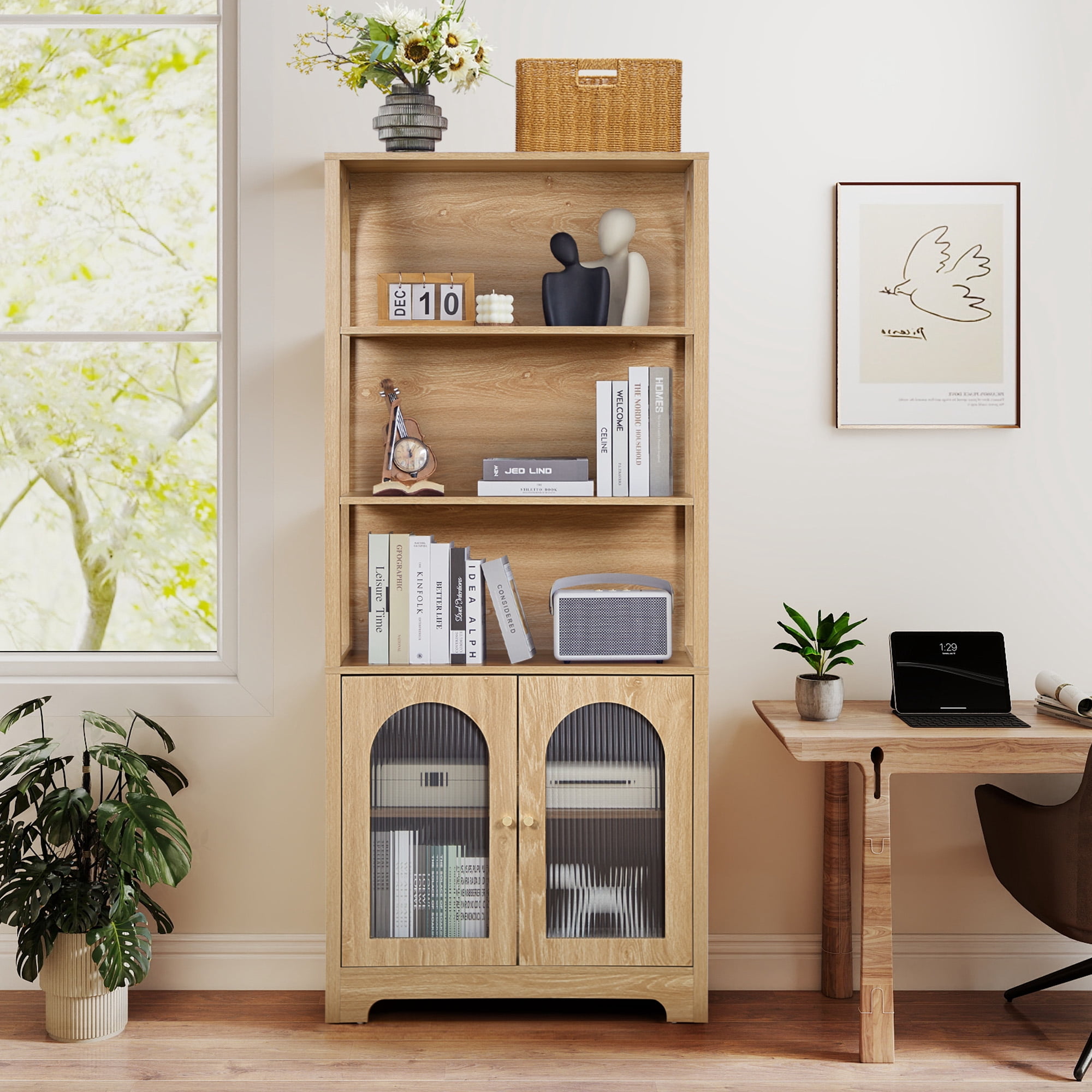 Weselon 70" Tall Bookcase with Door and Shelves, Freestanding Storage Cabinet with Arched Acrylic Door for Living Room Office Storage, Floor Standing Bookshelves,Oak