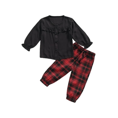 

Izhansean Toddler Baby Girl Christmas Clothes Long Sleeve Button Down Shirt Tops Plaids Pants Fall Winter 2Pcs Set Black 3-4 Years
