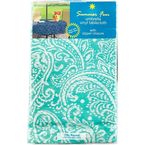 Elrene Summer Vinyl Tablecloths Umbrella Hole With Zipper 70 Round Paisley Aqua Blue Walmart Com Walmart Com