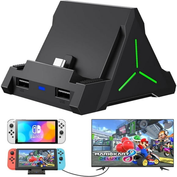 Station d'Accueil TV pour Switch/Switch OLED, Station d'Accueil TV Switch avec Port HDMI/USB C/USB 3.0 4K, Lumière d'Ambiance LED Respirante et Peut Contenir 4 Emplacements de Jeu, Station de Recharge de Remplacement pour Nintendo Switch