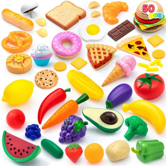 JOYFY 50 Pcs Kids Play Food Toys, Pretend Play Kitchen Playset with Fake Food for Kids Toddlers, Easter Birthday Gifts Party Supplies