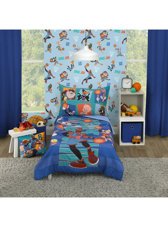 Warner Bros. Space Jam 4 Piece Toddler Bedding Set, Blue, Orange, Comforter, Fitted Sheet, Top Sheet, Pillowcase, Polyester, Boy