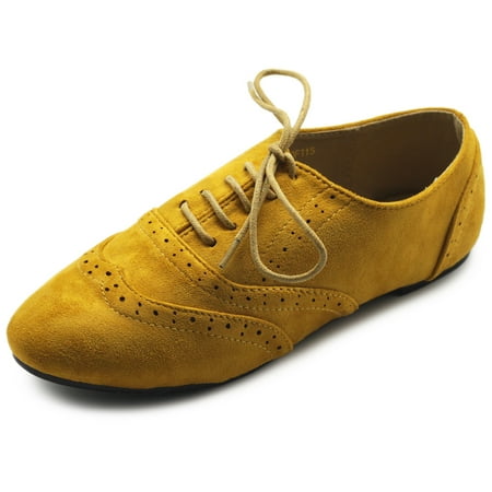 

Ollio Women s Shoes Faux Suede Classic Wingtips Lace Up Dress Low Flats Heels Oxfords F115