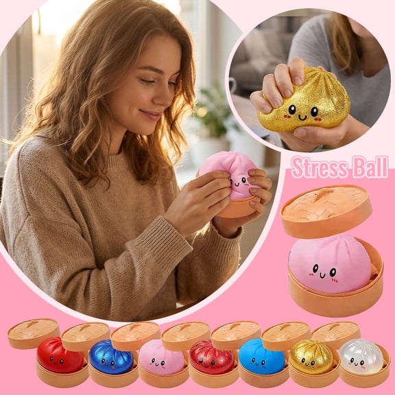 Colorful Dumpling Stress Balls Fidget Sensory Toy Squeeze Dough Ball Stress Relief Hand Toy Bun with Food Steamer Stretchy Desk Toys