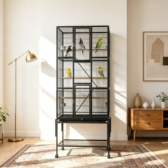 Pvpy Yvrd 69"H Large Bird Cage with Dust Cover, Birdcages with Rolling Wheels, Metal Bird Cages for All Parrot Cage Birdcage, with 3 Perches & 4 Feeders & Extra Storage Shelf & Dust Cover,Black