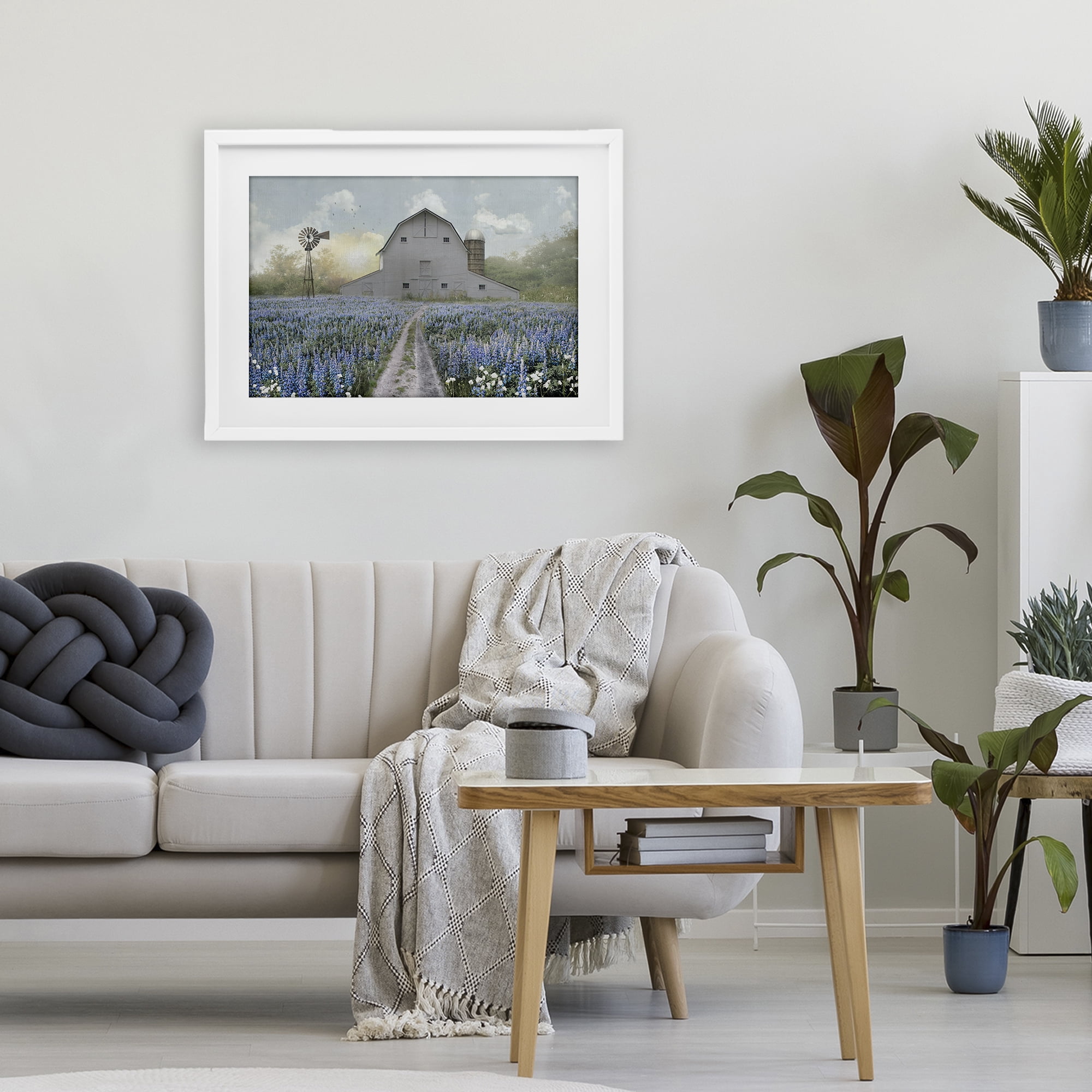 Stupell Industries Meadow of Blue Flowers & Barn White Framed Print Under Glass, design by Nan