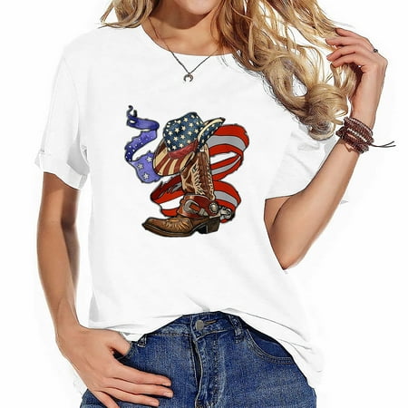 US Flag Cowboy Boots Hat Patriotic Cowboy July 4th Graphic Tee for Women - Short Sleeve Summer Top with Eye-Catching Design