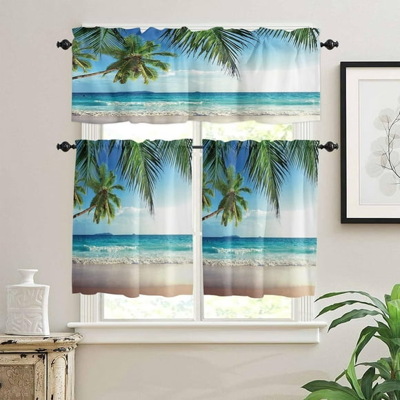 Palms Tree Tropical Sea Beach Theme Curtains | 3 Piece Semi Sheer Tiers | Ocean Themed Window Treatments | Ideal for Small Windows in Cafe, Living Room, Bedroom