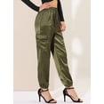 thumbnail image 4 of Pantalones cargo de satén sedoso de tiro alto elástico con cordón para mujer Verde XS, 4 of 6