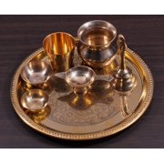 IBA Indianbeautifulart Brass Pooja Thali Set Floral Engraved Puja Aarti Thali Home Decoration Accessories, 23 cm Diameter