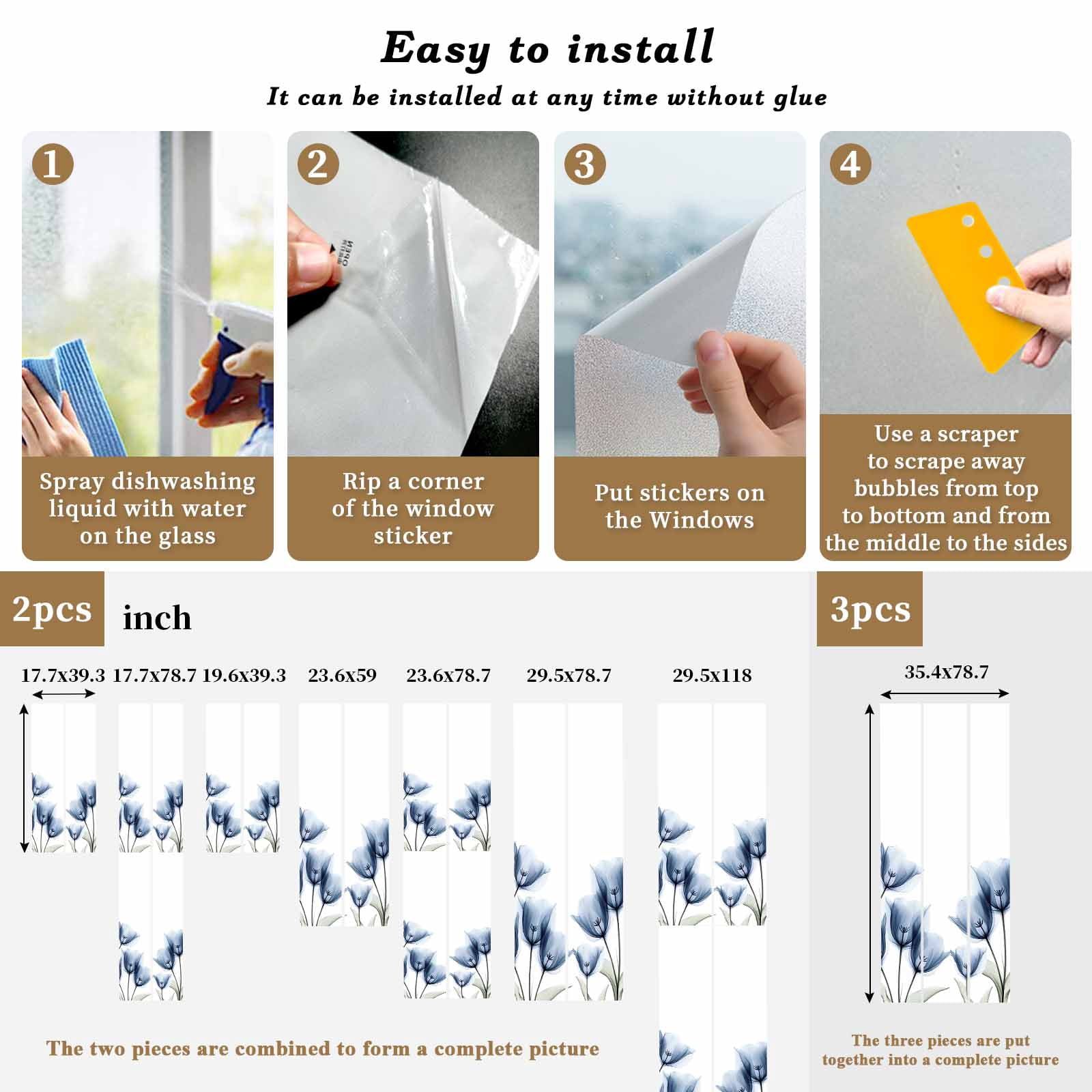 Sun Blocking Glass Window Film, Blue Tulips Floral Window Privacy Film Frosted, Spring Farmhouse Elegant Flowers Reusable Windows Privacy Sticker for Home Decor, Nursery, 23.6 x 78.7 Inches