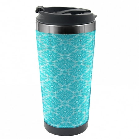 

Geometric Travel Mug Blue Monochrome Motif Steel Thermal Cup 16 oz by Ambesonne