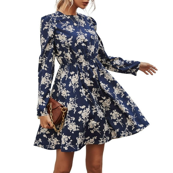 Wancir Women Casual Long Sleeve Crew Neck Fall Dress Bohemian Relaxed Fit Floral Flowy Maxi Dresses Tiered Cocktail Dress