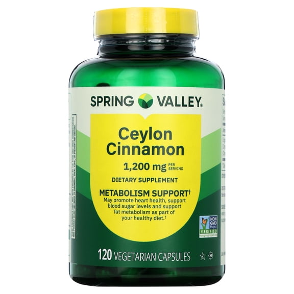 Spring Valley Ceylon Cinnamon Dietary Supplement Vegetarian Capsules for Metabolism Support, 1,200 mg, 120 Count