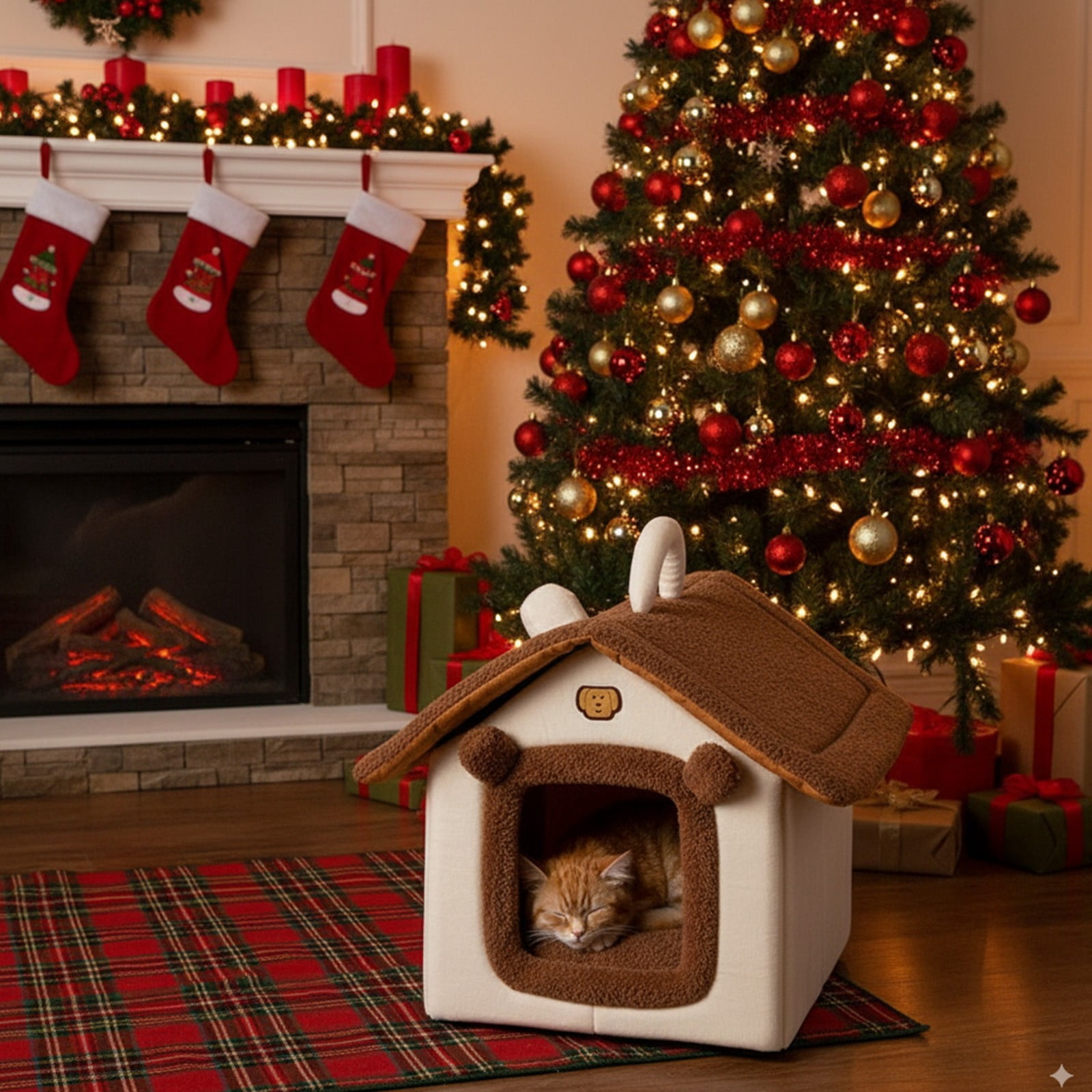 FastXmas Dogs Cats Velvet Bed House,Cosy and Soft Pets Round or Cottage Shape Dogs Cats Beds, Warm Non-Slip and Washable Pets Bed for Indoor Outdoor Foldable Soft Bed Warm Cats(S 11.8x13 In)