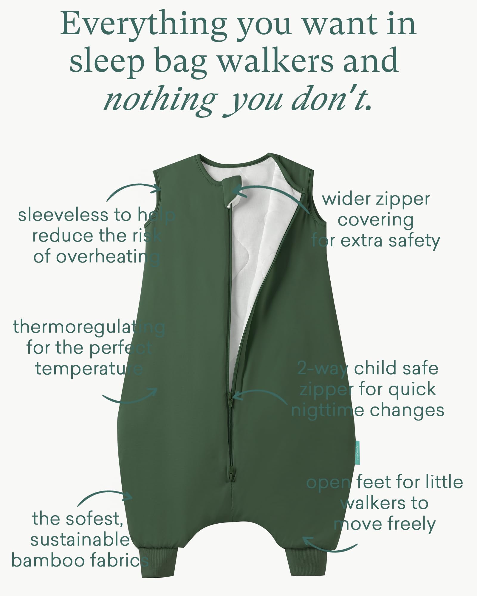 PurComfy Supersoft Toddler Sleep Sack With Feet 1.0 Tog, Premium Bamboo Viscose Sleep Sacks With Legs 2-Way Zipper Sleep Bag Walker 6-15 Month, Forest