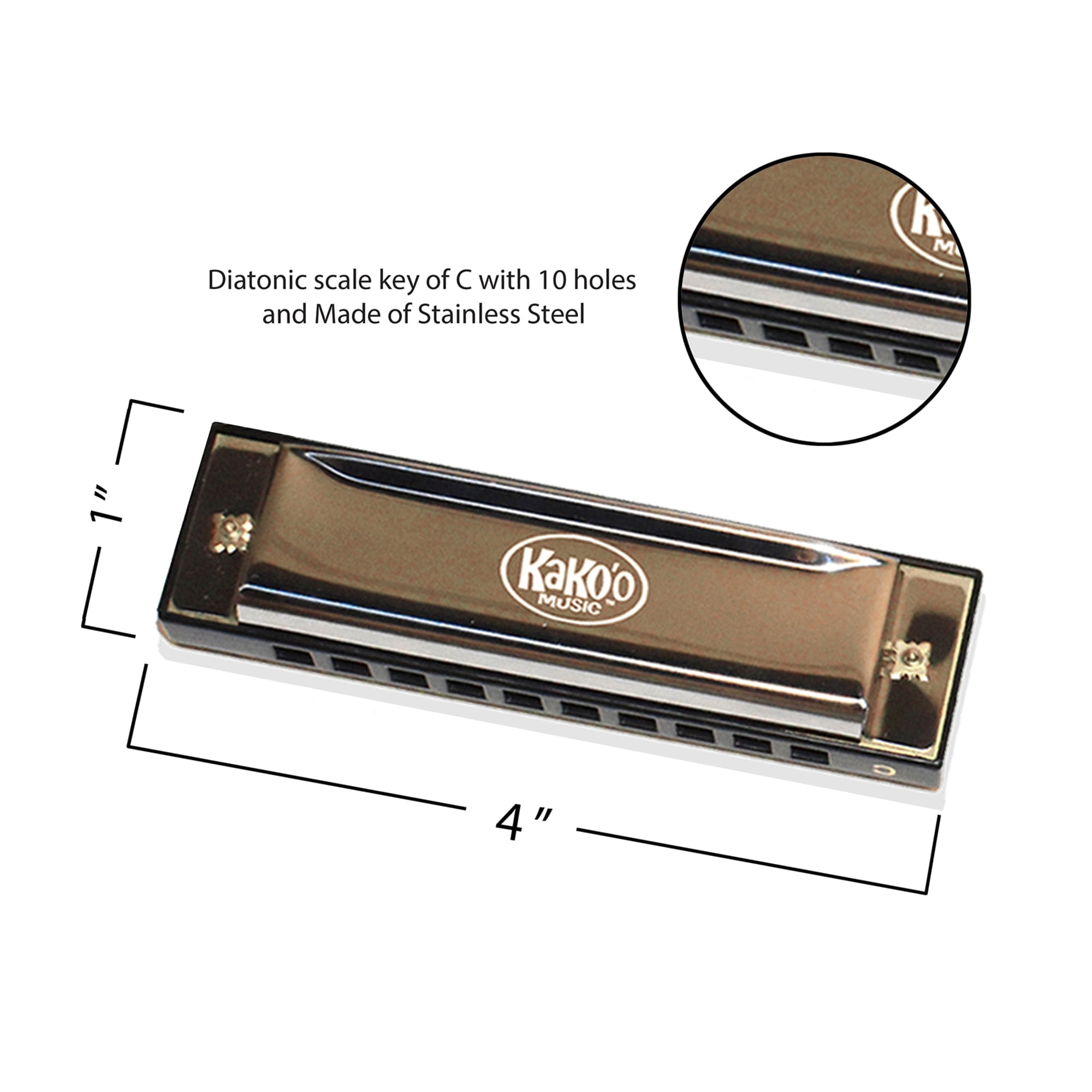 Kako'o: Classic 4" Metal Harmonica - Silver - w/ Storage Case - Standard Size in Scale of C With 10 Holes, Great for Beginners, Ages 5+