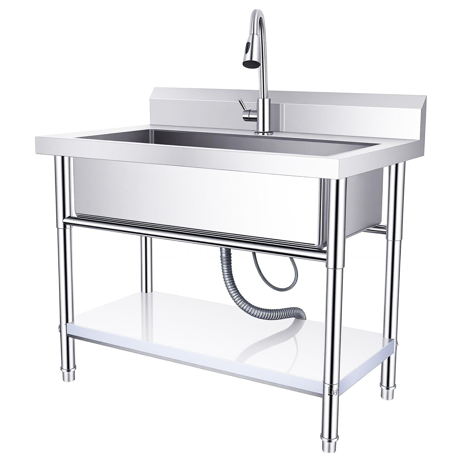 Stainless Steel Utility Large Single Sink, Freestanding Commercial Kitchen Sink with Pull Out Faucet, Laundry Sink, Expandable Hose for Basement Outdoor Indoor Use (Silver)