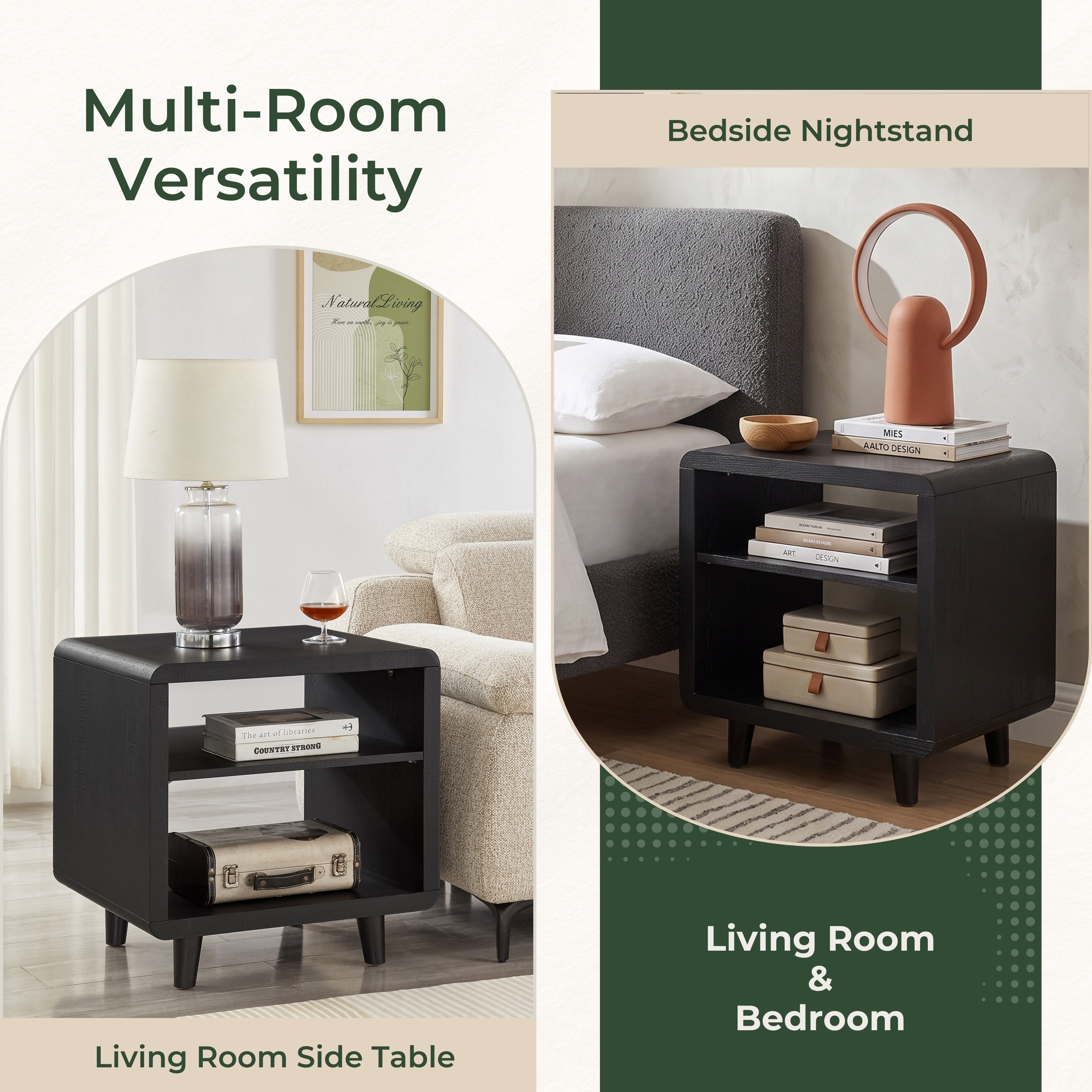 Roundhill Furniture Lux Modern Wood Shelf Side Table, Bedside Nightstand, Black