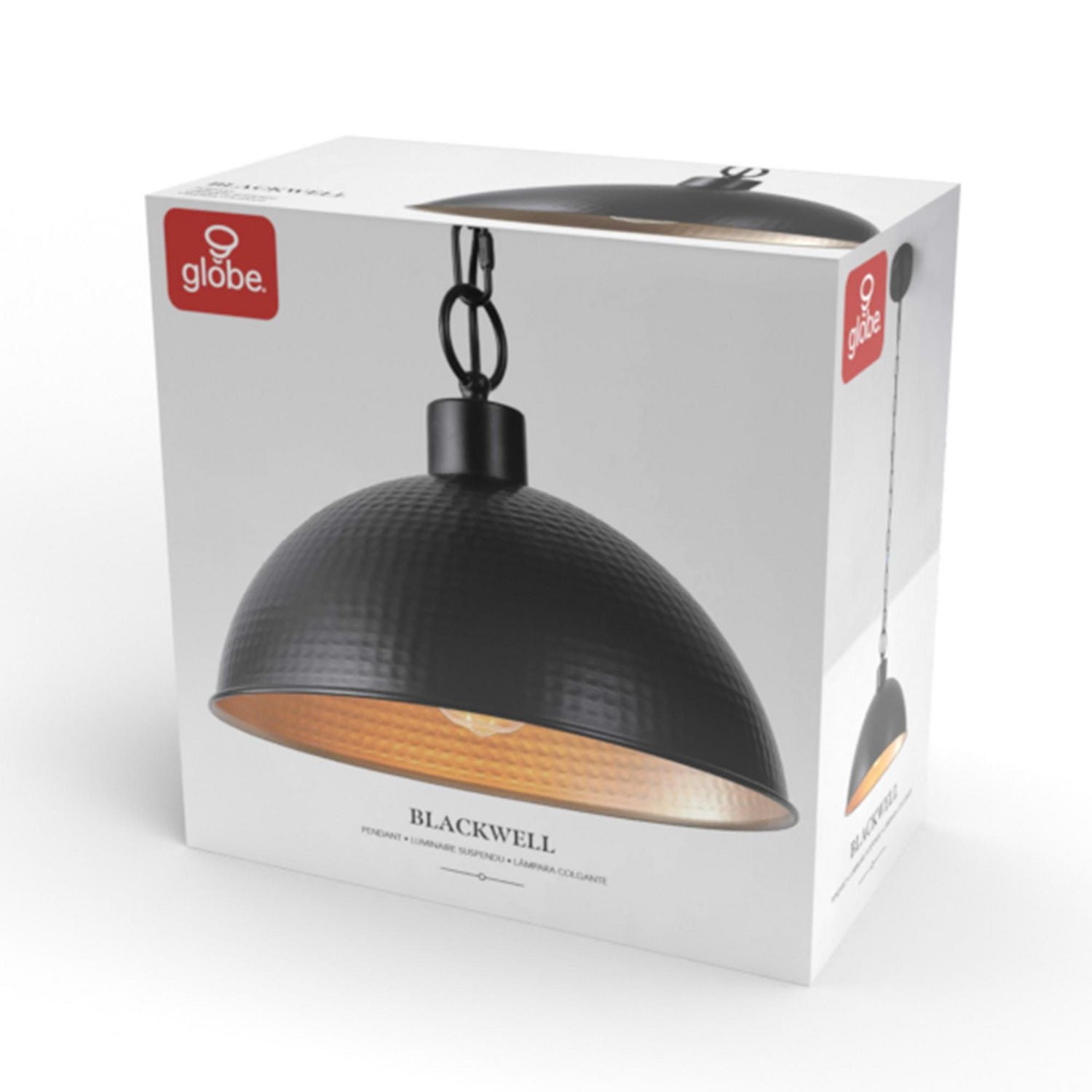 1-Light Weathered Black Pendant Light with Hammered Metal Gold Interior Shade