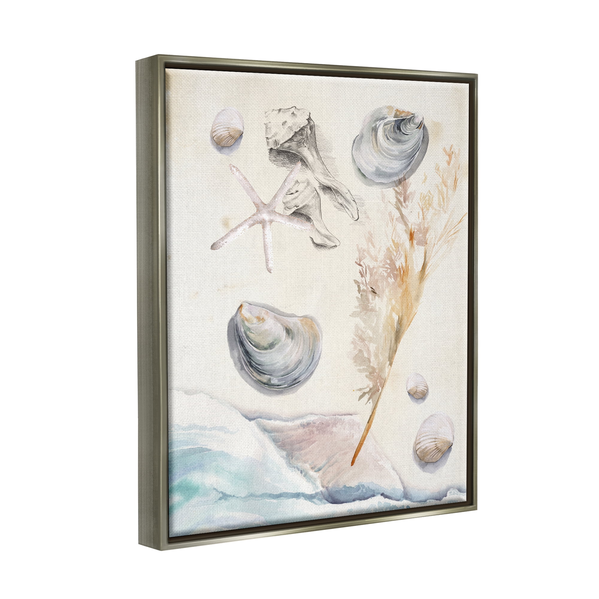 Stupell Beach Shore Splashing Sea Shells Landscape Painting Gray Floater Framed Art Print Wall Art