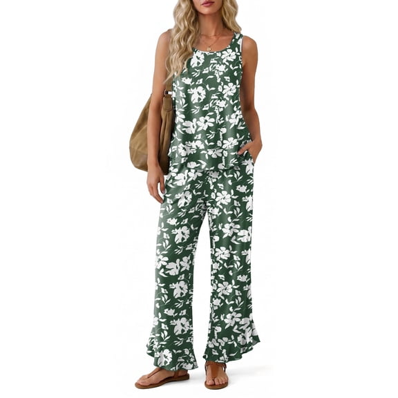 Anygrew Women's 2 Piece Lounge Sets Sleeveless Ruffle Hem Top and Wide Leg Pants with Pockets Casual Sweatsuit Outfits