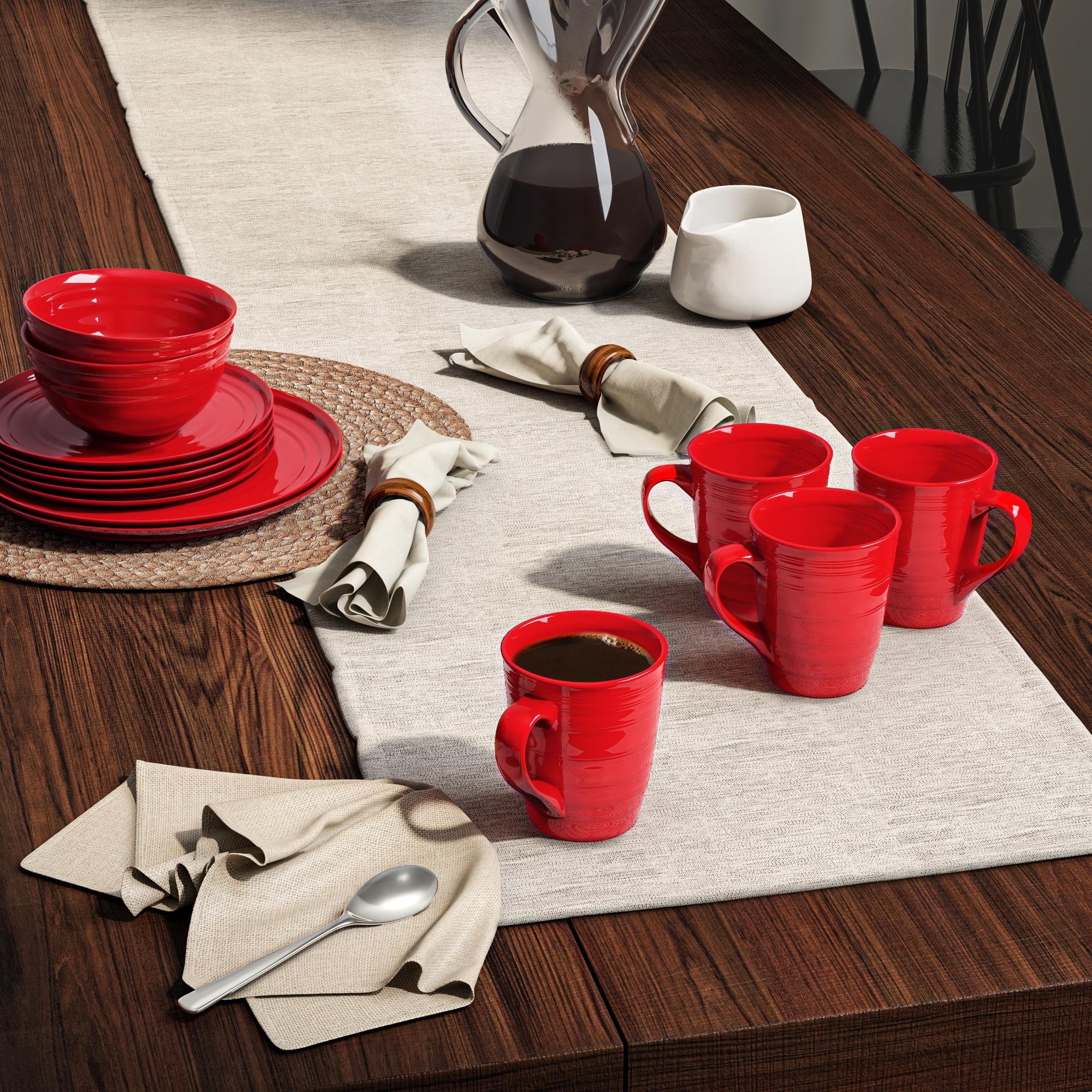 Woven Paths Farmhouse 16-Piece Dinnerware Set, Red