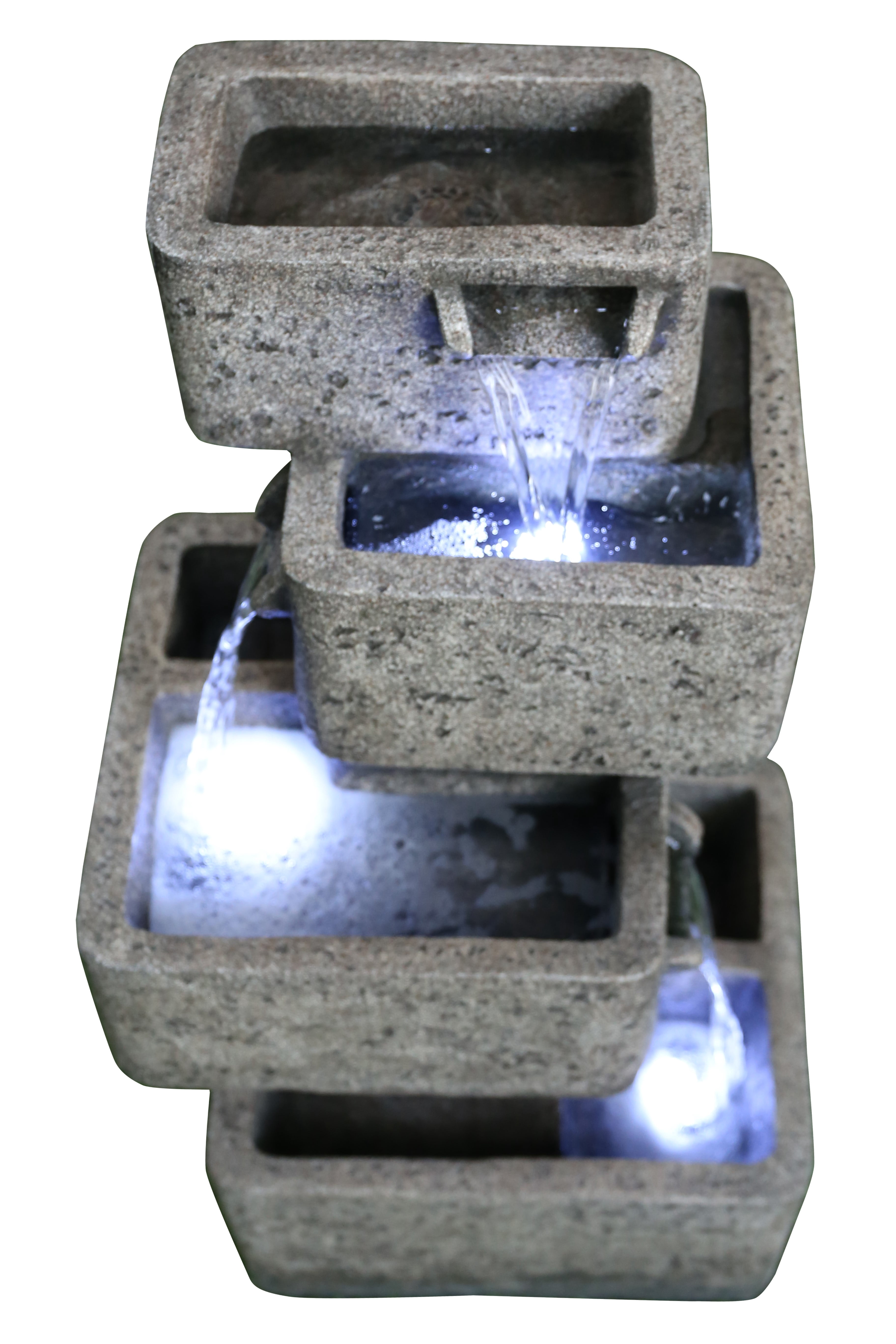 MULTILEVEL CONCRETE CASCADING FOUNTAIN WITH 3 COOL WHITE LED LIGHTS