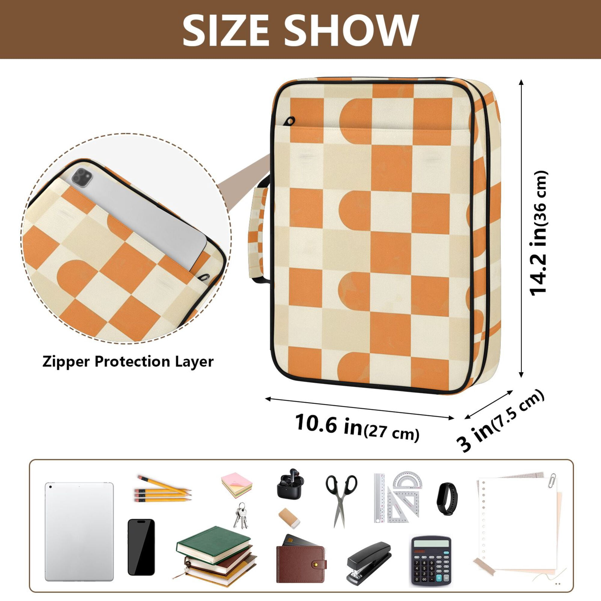 FORMRS Accordion File Folder A4 Size 7-Pocket Expanding Document Organizer Bag with 3 Ring Binder, Orange Checkered Pattern