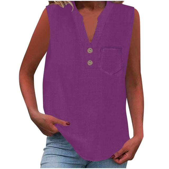 Admvng Tank Tops for Women Solid Color V-Neck Button Sleeveless Pocket Pullover Tank Top S-2XL
