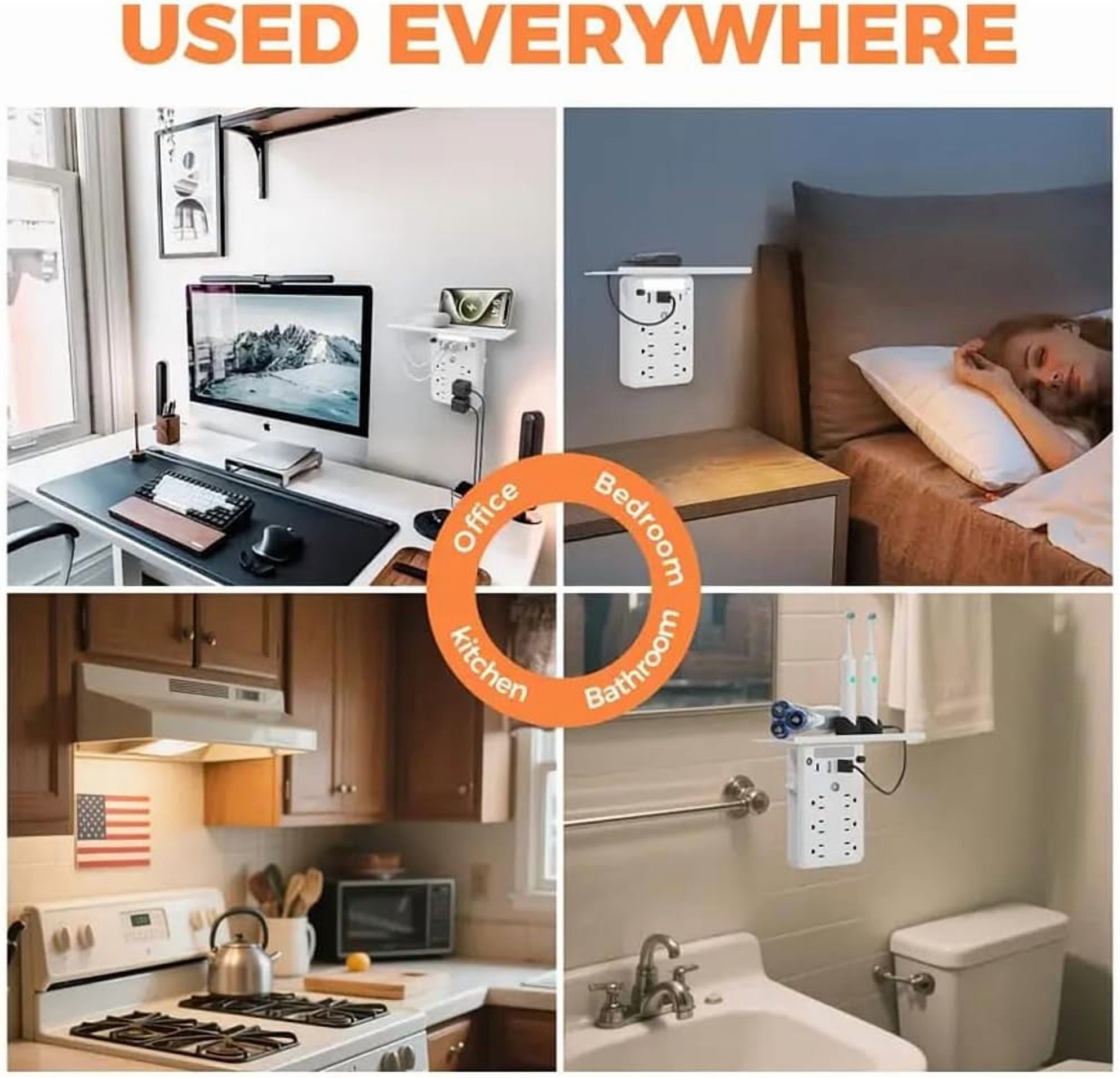 Preliminark Wall Outlet Extender with Shelf Night, Multi-Plug Outlet Splitter with Detachable Mobile Storage Rack, Power Socket Expander USB Wall Charger 6 AC outlets and 3 USB Ports with 1 USB 2pcs