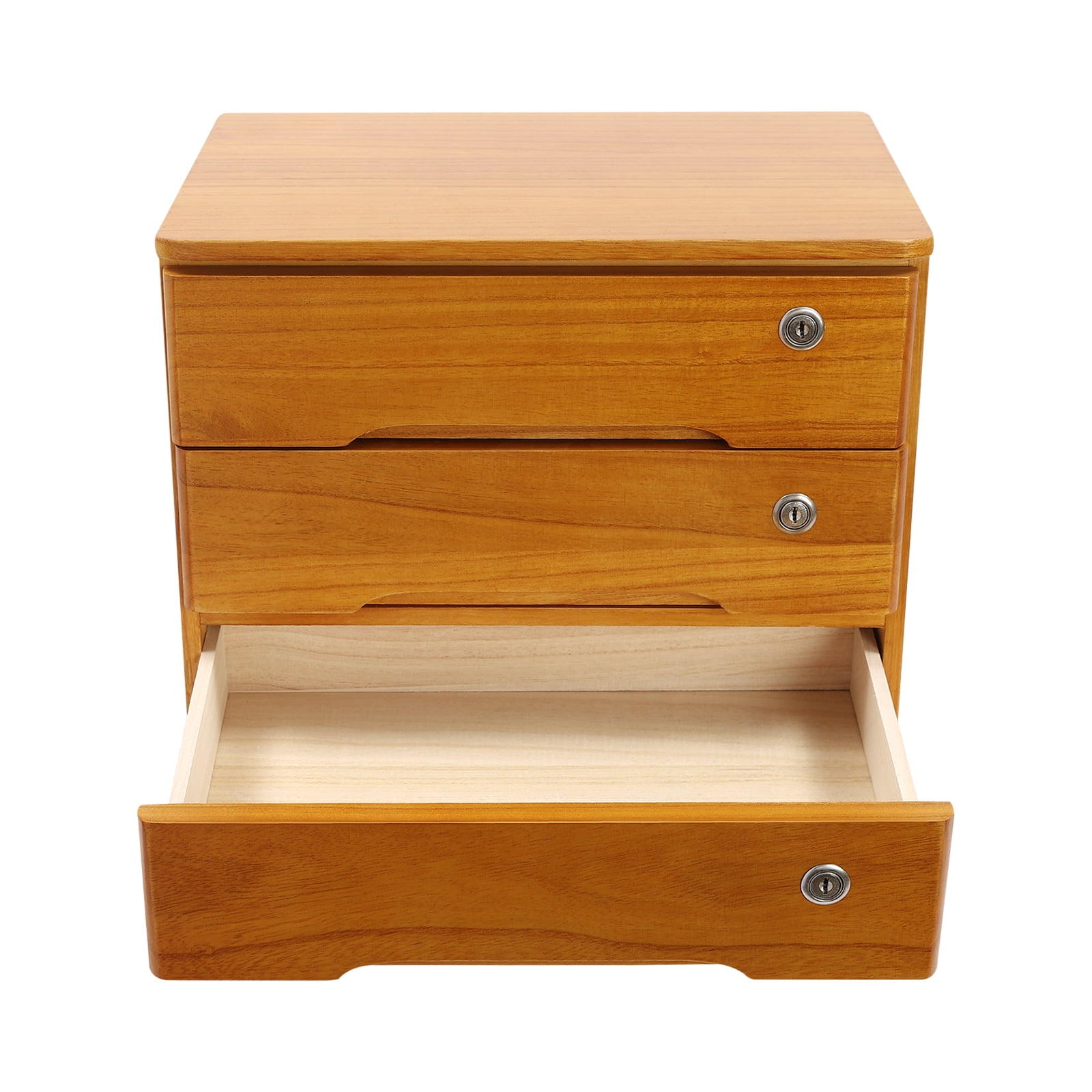 3-Tier Wooden Desk Organizer, Yellow Wood with Locking Drawers, Secure Storage with Smooth Edges and Anti-Slip Pads for Home and Office Use