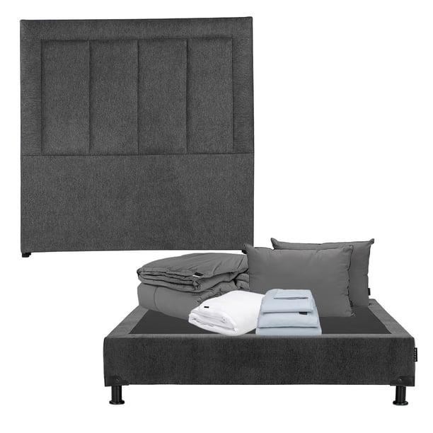 Box Base Cama Individual+Cabecera Davos Gris Carbon+Almohada 2Pack+Protector Cloud+Sabanas Softy+Edredon Homy