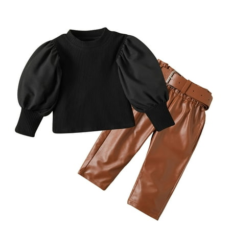 

Valentine Outfits for Girls Toddler Kids Spring Puff Sleeve Tops Leather Pants Solid Color Clothing Sets Suits