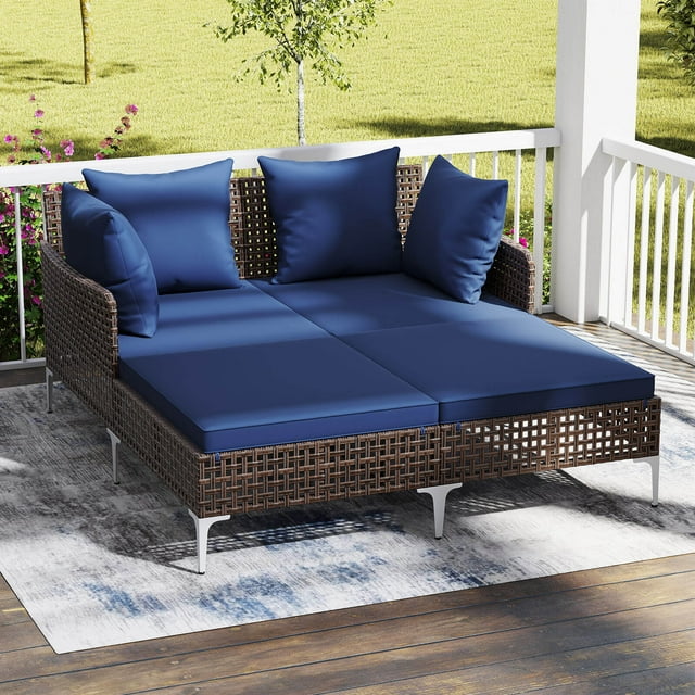 Costway Outdoor Patio Daybed PE Rattan Sunbed with Sponged-Filled Pillows and Cushions Navy