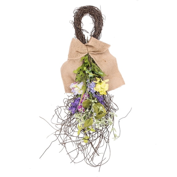 Vickerman 28" Artificial Mixed Floral Teardrop With Purple And Green Flowers. The Base Of This Teardrop Is Made Of Mixed Greenery Leaves And Thin Spring Twigs. This Teardrop Features A Tan Burlap Bow.
