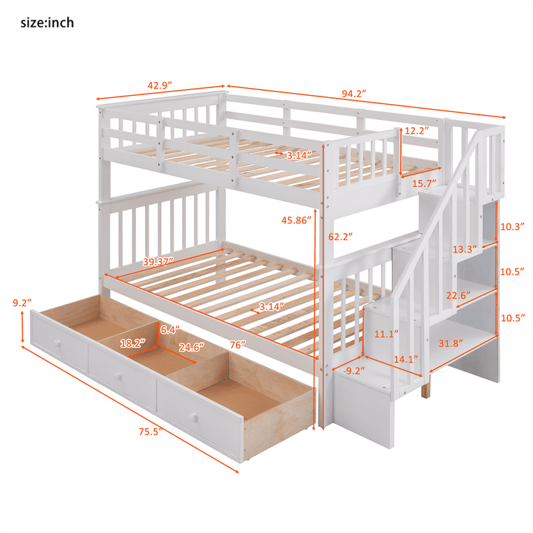 Bunk Bed Twin Over Full With Staircase & Trundle - Grey Wooden Frame ...