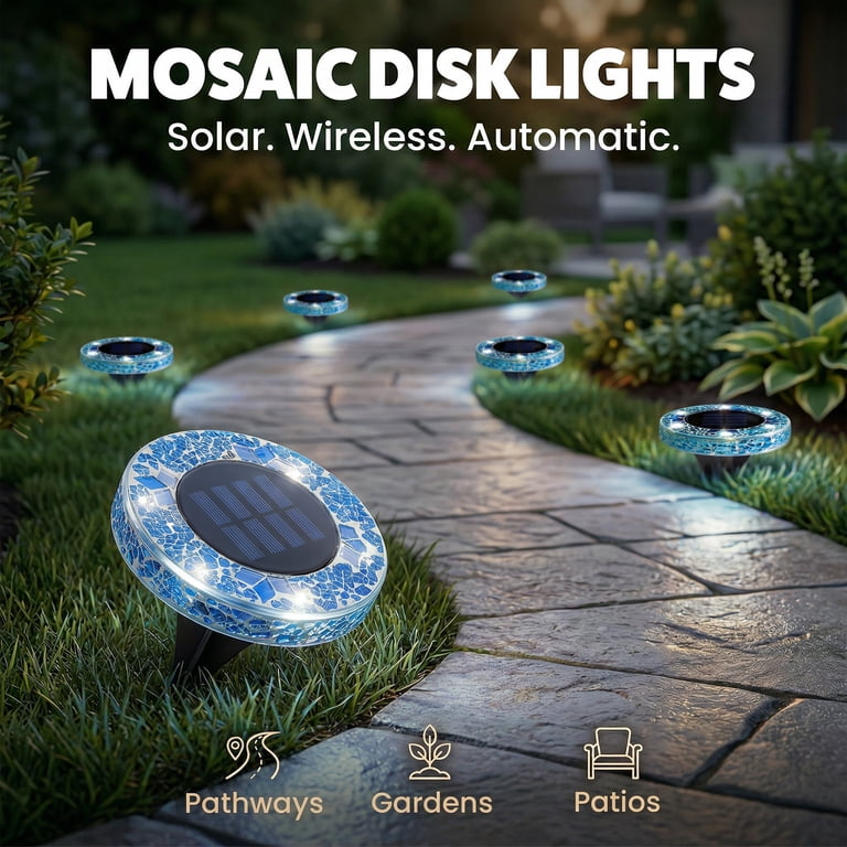 Bell+Howell, Solar Outdoor Mosaic Disk Lights, 4 Pack, Blue