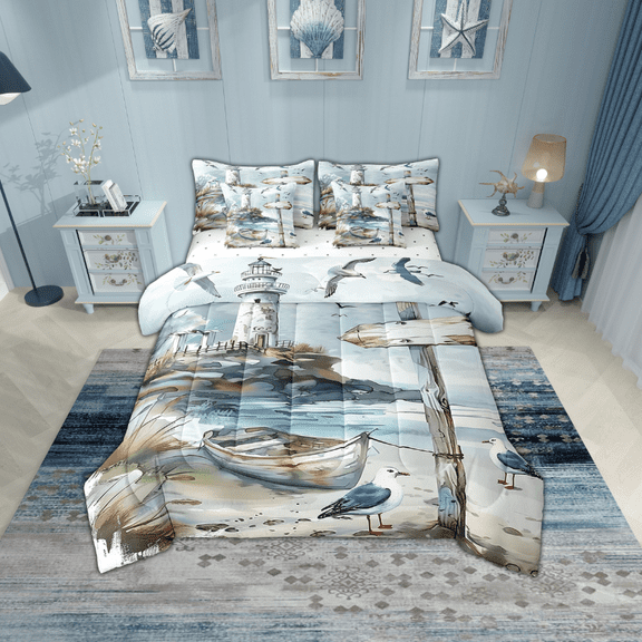 Erosebridal Wooden Boat Bed in a Bag Twin size, Beach Marine Bed Set, Sea Bird Decor, Reversible 7 Pieces