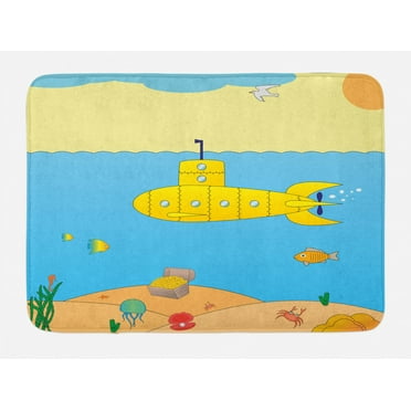Yellow Submarine Bath Mat, Cartoon Under Sea Adventure Jellyfish Treasure Chest Seagull Fish, Non-Slip Plush Mat Bathroom Kitchen Laundry Room Decor, 29.5 X 17.5 Inches, Blue Yellow Beige, Ambesonne