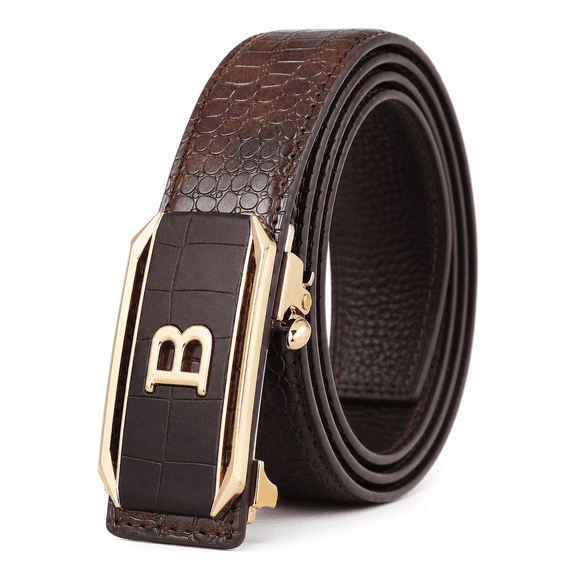 TRISJEM Men's Crocodile Embossed Ratchet Belt with Gold B Letter Automatic Buckle, 1.38" PU Leather No-Hole Adjustable Dress Belt for Jeans, Chinos, Business Casual and Everyday Wear, Black or Brown,