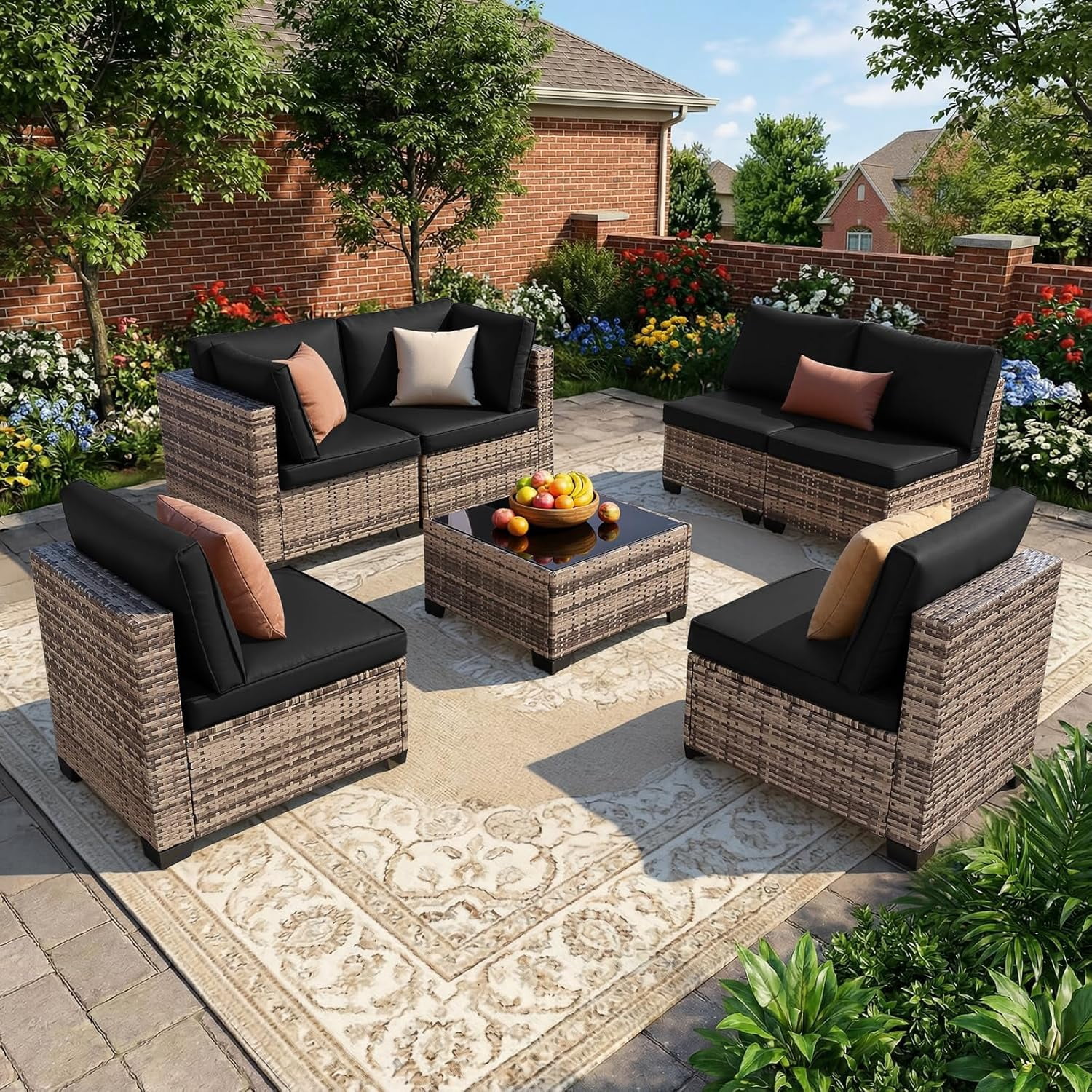 FHFO 14-Piece Patio Furniture Set,Wicker Outdoor Conversation Sectional Sofa with 2 Coffee Tables, for Backyard, Poolside & Garden, Yellow&Black