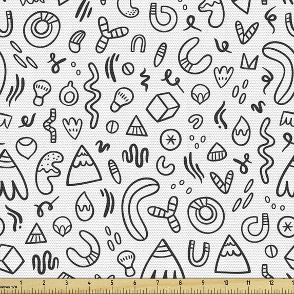 Geometric Upholstery Fabric by the Yard, Hand Drawn Shapes Strawberry Triangle Squares Banana, Decorative Fabric for DIY and Home Accents, Charcoal Grey and White by Ambesonne