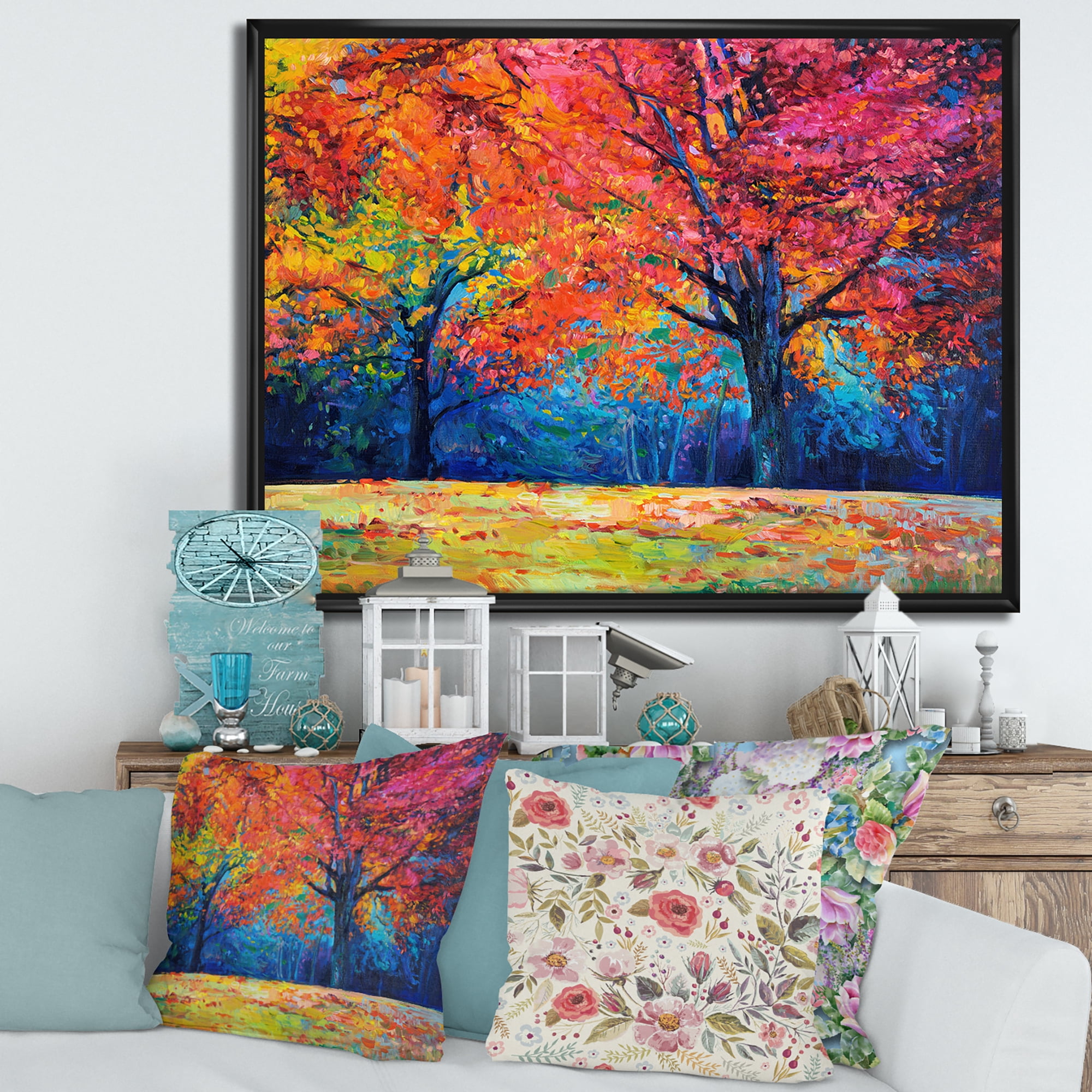 Designart 'Abstract Vibrant Red Tree In Autumn Landscape' Traditional Framed Canvas Wall Art Print