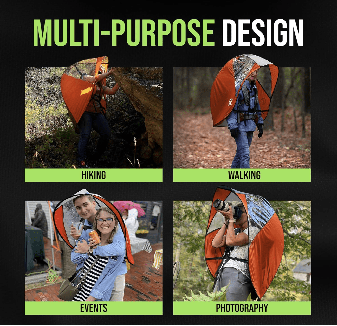 GOSHELTER Self Shelter Canopy, Hands Free Umbrella, Photographers, Outdoor Activities, Sporting Events, Rain or Sun Shade - Maximum Elbow Room, UV Resistance, Include Sling Pouch, Waterproof - Orange