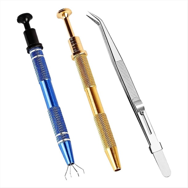 Herramienta para Agarrar Bolas de Perforación de 3 Piezas, Paquete de 2 Herramientas de Recogida de Joyero de 4 Garras y 1 Paquete de Pinzas de Joyero de Acero Inoxidable