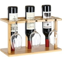 Countertop Bamboo Wine Holder Rack, Holds 3 Bottles & 3 Glasses