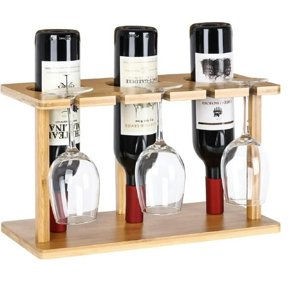 Countertop Bamboo Wine Holder Rack, Holds 3 Bottles & 3 Glasses